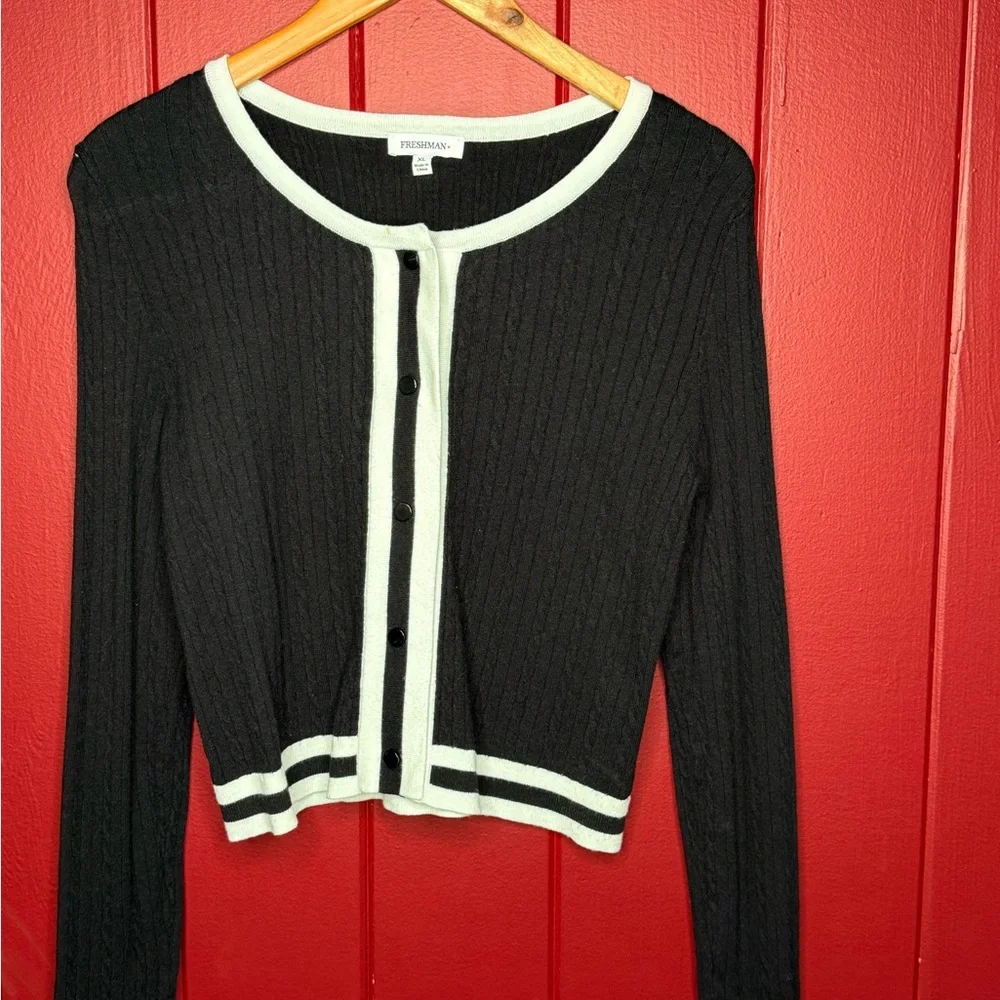 Black & White Button Front Ribbed Cardigan Sweater - Picture 2 of 8